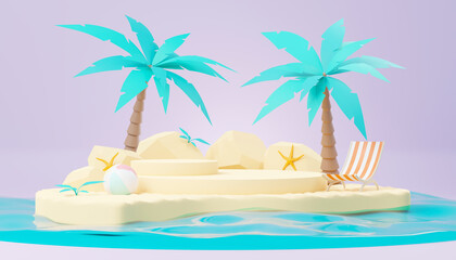 Fototapeta na wymiar 3d render Summer sale podium stand for showing product. Beach Vacations Scene in Summer for mock up.