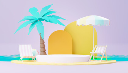 Obraz premium 3d render Summer sale podium stand for showing product. Beach Vacations Scene in Summer for mock up.