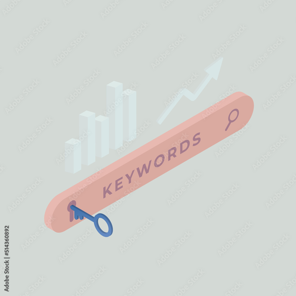 Poster long-tail and semantically related keyword research concept. keyword ranking with search bar and cha