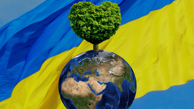 globe and a tree in the form of a heart on the background of the Ukrainian flag - Powered by Adobe