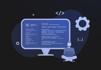 Functional programming, Object-oriented languages concept. Machine code on the desktop display screen. Vector illustration