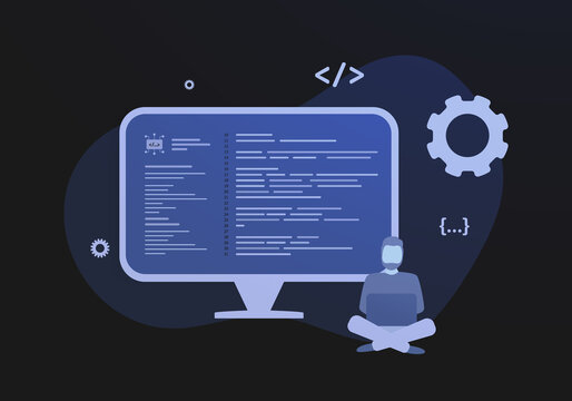 Functional programming, Object-oriented languages concept. Machine code on the desktop display screen. Vector illustration