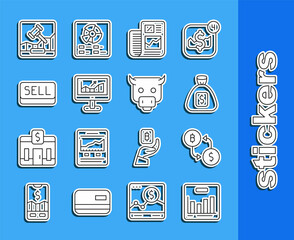 Set line Pie chart infographic, Cryptocurrency exchange, Money bag, Business finance report, Computer with growth, Sell button, Online internet auction and Bull market icon. Vector