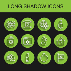 Set line Star of David, Jewish wine bottle, synagogue, Pomegranate, Flag Israel, calendar, and Bottle olive oil icon. Vector