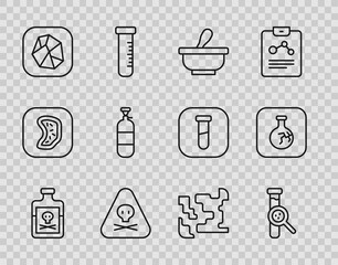 Set line Poison in bottle, Test tube and flask, Mortar pestle, Triangle warning toxic, Salt stone, Propane gas tank, Gaseous and Cracked icon. Vector
