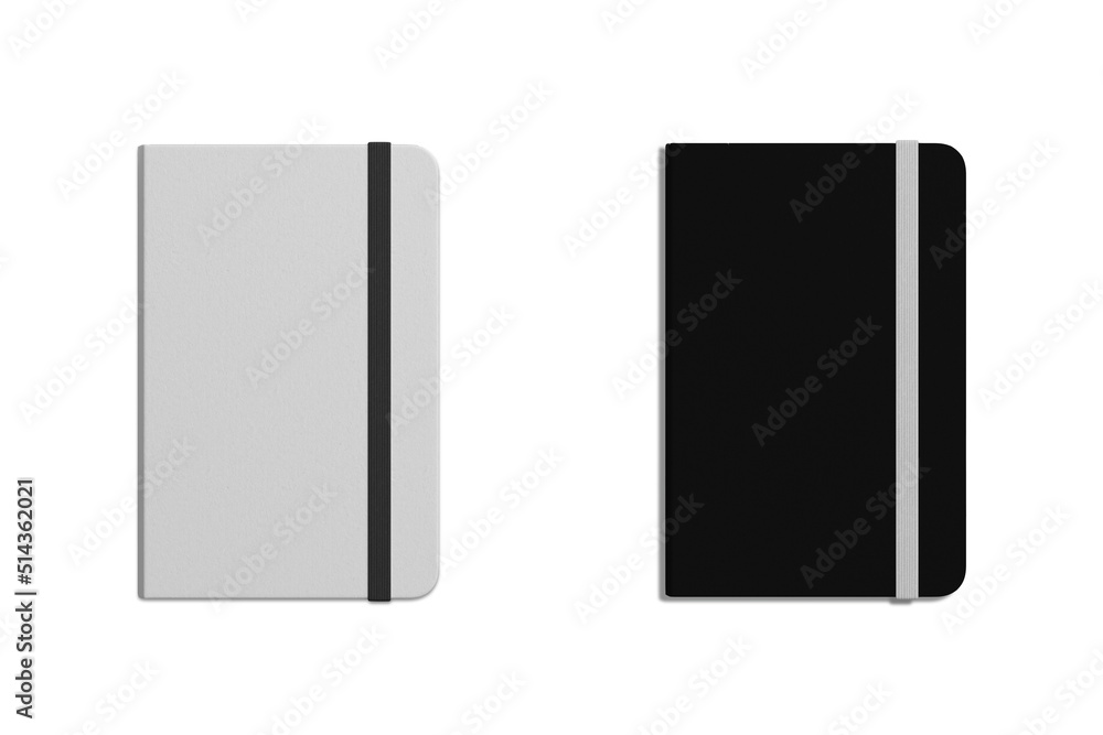 Poster blank photorealistic notebook mockup isolated on white background, black and white notebook diary wi
