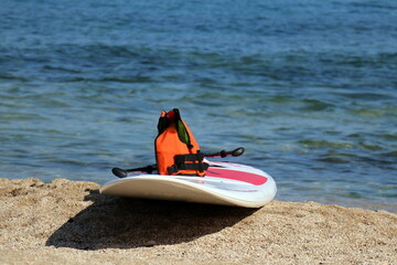 The boat stands on the beach on the Mediterranean Sea