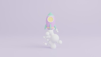 3D Rocket launch on pastel background, Flying rocket icon, Business startup project growth, 3d rendering illustration concept
