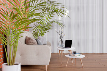 3d rendered illustration of a cozy sofa in a sunlit living room.