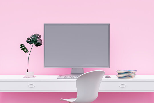 3d rendered image of a working desk with a modern desktop computer.