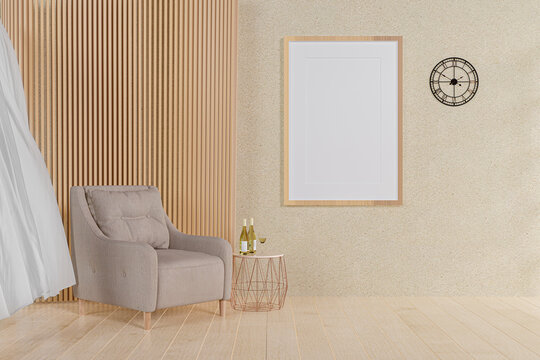 3d rendered illustration of a cozy sofa iand a large picture frame n a living room.