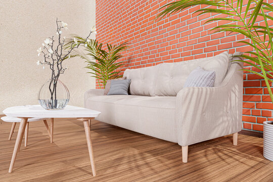 3d rendered illustration of a cozy sofa in a sunlit living room.