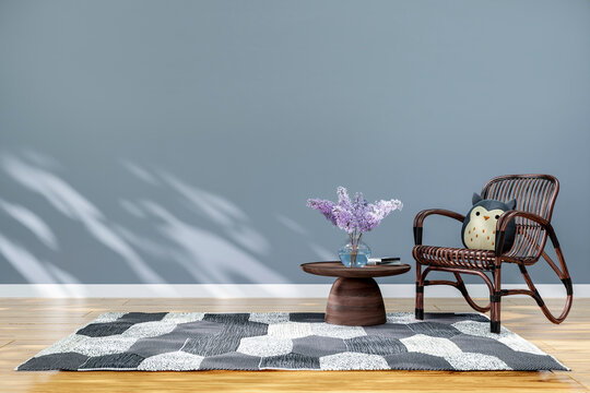 3d rendered illustration of a wicker chair in a sunlit living room.