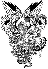 eagle fighting with a snake serpent and dragon. The battle between symbolic creatures. Tattoo style vector illustration