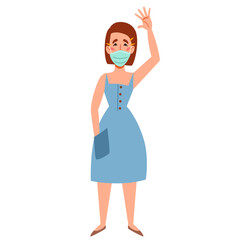 A fashionable skinny girl in a medical mask greets. Friendly greeting of a young woman. Vector illustration in a flat style, isolated on a white background.