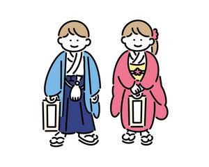 七五三に着物を着て千歳飴を持つ男女