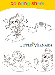 Coloring Mermaids activity. Coloring sheet for children. Vector illustrations.