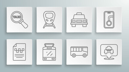 Set line Taxi driver license, High-speed train, Tram and railway, Bus, Location with taxi, car, City map navigation and Magnifying glass icon. Vector