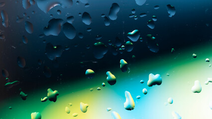 Abstract image of water droplets on glass surface reflecting with multicolored background.