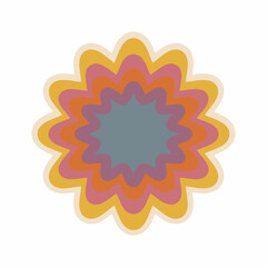 Aesthetics of the seventies, fun groovy flower sticker. Crazy psychedelic mandala. Spiral graphic element. Retro design, muted colors, strokes. Vector illustration.