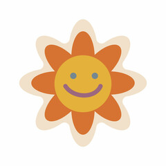 Aesthetics of the seventies, fun groovy flower sticker. Smiling floral emoji. Graphic element. Retro design, muted colors, strokes.