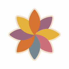 Aesthetics of the seventies, fun groovy flower sticker. Crazy psychedelic mandala. Spiral graphic element. Retro design, muted colors, strokes. Vector illustration.