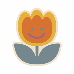 Aesthetics of the seventies, fun groovy flower sticker. Smiling floral emoji. Graphic element. Retro design, muted colors, strokes.