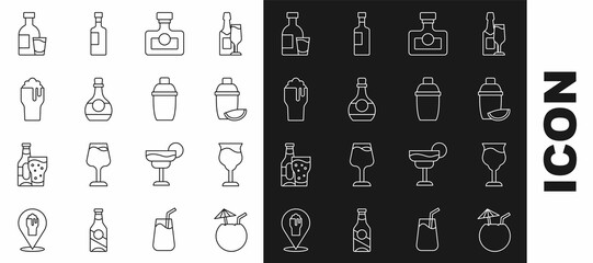 Set line Coconut cocktail, Wine glass, Cocktail shaker with lime, Alcohol drink Rum, Bottle of cognac or brandy, Glass beer, vodka and icon. Vector