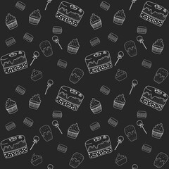 Seamless pattern of sweets and pastries, cupcake, cake, muffins, cake, macaroon, contour drawing, hand-drawn, white outline on a black background, flat illustration endless pattern, for printing on fa