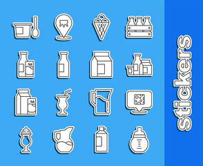 Set line Baby milk in a bottle, Cheese, Milk product, Ice cream waffle cone, Bottle with, and glass, Yogurt container spoon and Paper package for icon. Vector