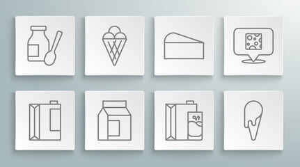 Set line Paper package for kefir, Ice cream in waffle cone, milk, Cheese, and Drinking yogurt bottle icon. Vector