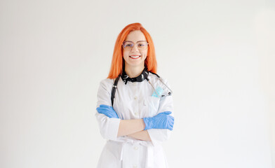 a doctor girl with red hair on a white background.