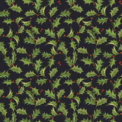 Beautiful seamless pattern with hand drawn winter symbol holly branch with green leaves and red berries. Merry christmas celebration clip art.