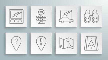 Set line Unknown route point, Road barrier, Location with exclamation mark, Folded map, City navigation, Binoculars and Gps device icon. Vector