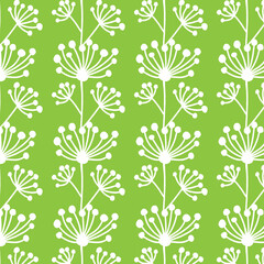 Seamless floral pattern. Simple outline vector illustration. Graphic fabric print template. Doodle line art background with flowers. Scrapbook or wrapping paper. Herbal silhouette on green background.