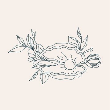 Shell with a pearl in flowers. Logo template in linear style. Esoteric illustration for astrologer, shop, beauty salon
