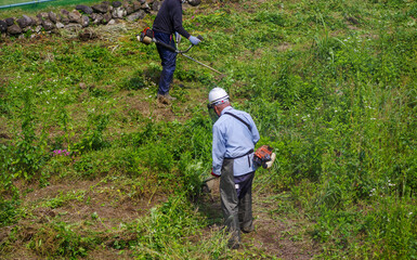 休耕田の草刈りをする高齢者