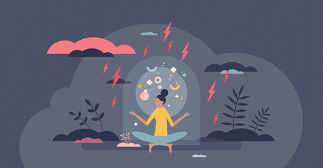 Positive psychology as calm attitude for inner peace tiny person concept. Life harmony with optimism and focus on good things vector illustration. Improvement on mental health after patient therapy.