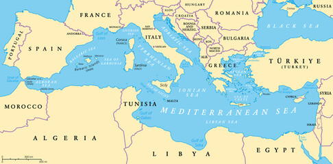 The Mediterranean Sea, political map with subdivisions, straits, islands and countries. Connected to the Atlantic Ocean, surrounded by the Mediterranean Basin, almost completely enclosed by land. - obrazy, fototapety, plakaty
