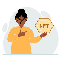NFT concept. The woman is holding nft in his hand. Works of art using non-fungible tokens for auctions, sale and purchase of works of art. Vector flat illustration