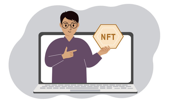 NFT concept. A laptop in which a man with the image of NFT in the palm of his hand. Auction of non-fungible tokens, markets, online education.