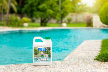 Concept of chemical products to purify swimming pools. Swimming pool clarifier, pool purification...