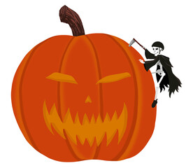 Halloween Grim Reaper climbing a pumpkin