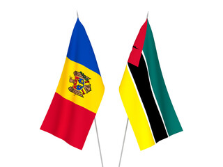 National fabric flags of Republic of Mozambique and Moldova isolated on white background. 3d rendering illustration.
