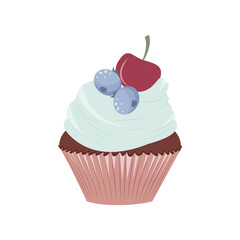 Muffin with cream and fruits vector illustration in flat style