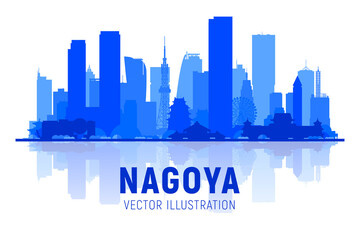 Nagoya ( Japan ) skyline silhouette at white background. Vector Illustration. Business travel and tourism concept with modern buildings. Vector for presentation, banner, web site.
