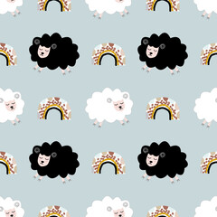 Seamless pattern with cute sheep and lambs. Loop pattern for fabric, textile, wallpaper, posters, gift wrapping paper, napkins, tablecloths. Print for kids. Children's pattern vector illustration.