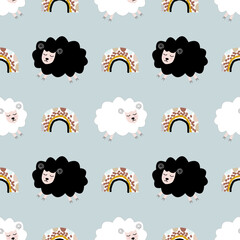 Seamless pattern with cute sheep and lambs. Loop pattern for fabric, textile, wallpaper, posters, gift wrapping paper, napkins, tablecloths. Print for kids. Children's pattern vector illustration.