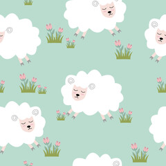 Seamless pattern with cute sheep and lambs. Loop pattern for fabric, textile, wallpaper, posters, gift wrapping paper, napkins, tablecloths. Print for kids. Children's pattern vector illustration.