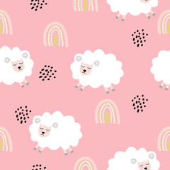 Seamless pattern with cute sheep and lambs. Loop pattern for fabric, textile, wallpaper, posters, gift wrapping paper, napkins, tablecloths. Print for kids. Children's pattern vector illustration.